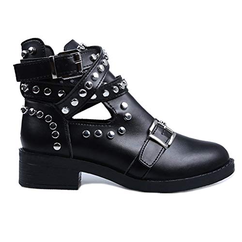Bota Negra de Tobillo con Hebilla de Cinturón de Moda para Mujer TOPKEAL Botines con Remaches Estilo Punk para Jovencita