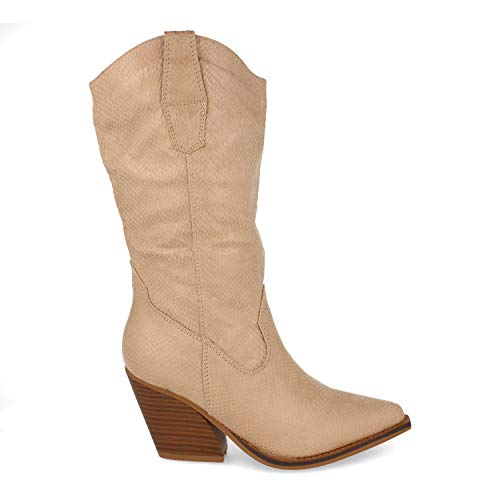 Bota para Mujer, con Tacon, Comodas, de Punta Fina, Estampado de Estilo Serpiente, y Cierre de Cremallera, Otono Invierno 2020. Talla 38 Beige