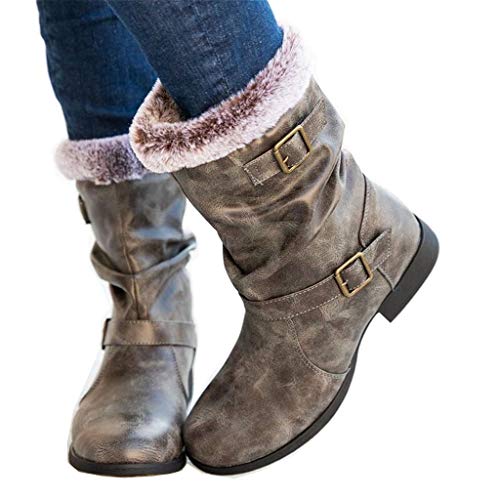 Botas Altas Invierno Mujer, Botas de Nieve Caña Ancha Zapatos Mujer Cuña Planos Sintética Peluche Jinete Bajo Cómodos Peludas Calentitas 2020