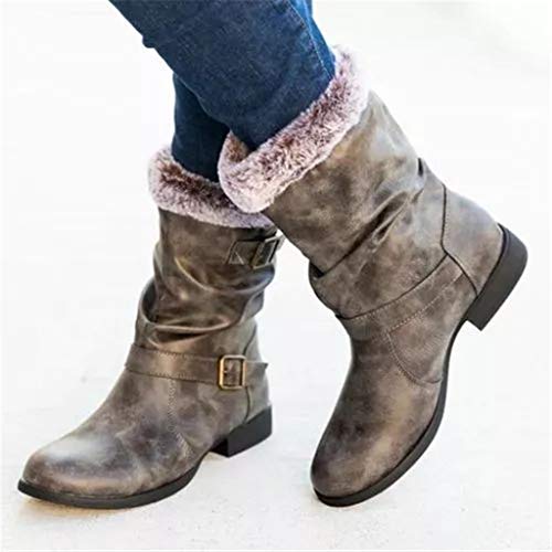 Botas Altas Invierno Mujer, Botas de Nieve Caña Ancha Zapatos Mujer Cuña Planos Sintética Peluche Jinete Bajo Cómodos Peludas Calentitas 2020