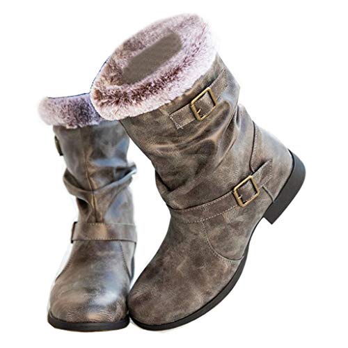 Botas Altas Invierno Mujer, Botas de Nieve Caña Ancha Zapatos Mujer Cuña Planos Sintética Peluche Jinete Bajo Cómodos Peludas Calentitas 2020