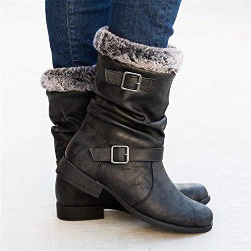 Botas Altas Invierno Mujer, Botas de Nieve Caña Ancha Zapatos Mujer Cuña Planos Sintética Peluche Jinete Bajo Cómodos Peludas Calentitas 2020