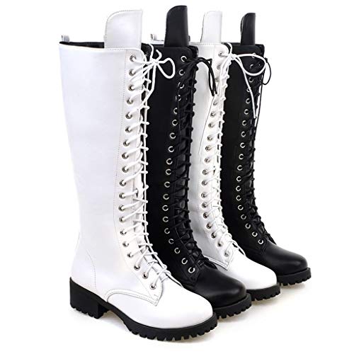 Botas Altas Mujer Plataforma Zapatos con Cordones con Piel Botas Militares Botas Punk Moto Calzado Casuales Clásicos Otoño Invierno (Blanco,43)