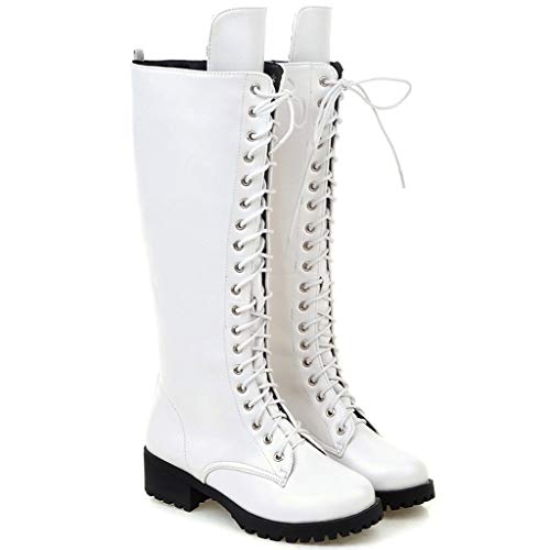 Botas Altas Mujer Plataforma Zapatos con Cordones con Piel Botas Militares Botas Punk Moto Calzado Casuales Clásicos Otoño Invierno (Blanco,43)