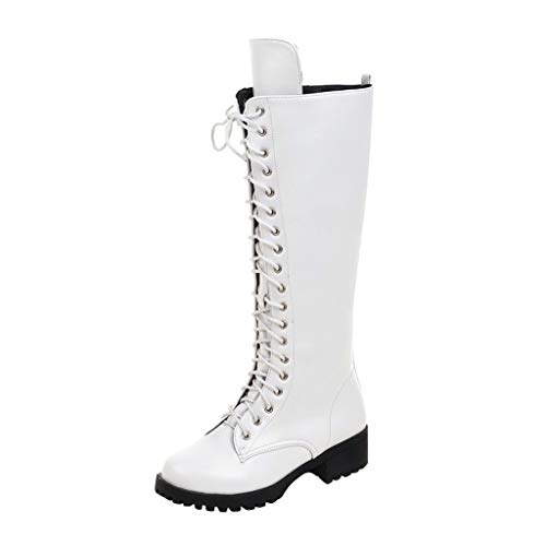 Botas Altas Mujer Plataforma Zapatos con Cordones con Piel Botas Militares Botas Punk Moto Calzado Casuales Clásicos Otoño Invierno (Blanco,43)