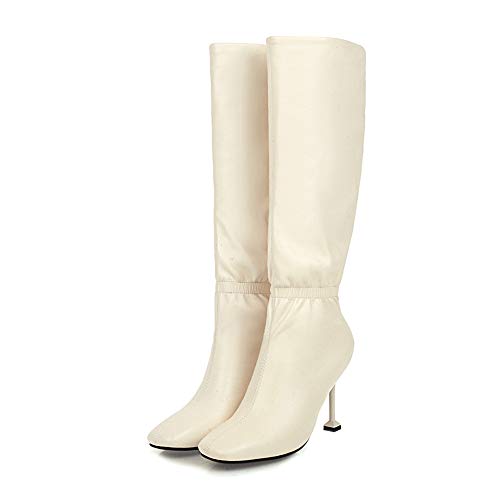 Botas Altas para Mujer, Botas De Tacón De Aguja con Punta Cuadrada, Botas Altas Cálidas De Otoño Invierno, Botas De Charol para Mujer De Gran Tamaño,Beige,44EU