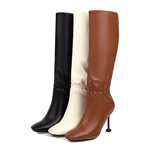 Botas Altas para Mujer, Botas De Tacón De Aguja con Punta Cuadrada, Botas Altas Cálidas De Otoño Invierno, Botas De Charol para Mujer De Gran Tamaño,Beige,44EU