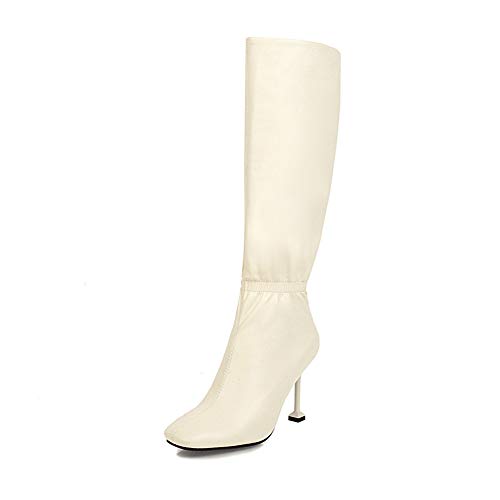 Botas Altas para Mujer, Botas De Tacón De Aguja con Punta Cuadrada, Botas Altas Cálidas De Otoño Invierno, Botas De Charol para Mujer De Gran Tamaño,Beige,44EU