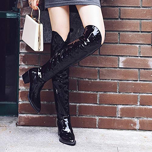 Botas Alto Charol Mujer, LANSKIRT Mujeres Zapatos de Tacón Alto Botas Cortas de Felpa Retro Bota de Zapatos Charol sobre la Rodilla Botas de Nieve Bota de Tacón Plano Botas Alto