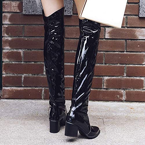 Botas Alto Charol Mujer, LANSKIRT Mujeres Zapatos de Tacón Alto Botas Cortas de Felpa Retro Bota de Zapatos Charol sobre la Rodilla Botas de Nieve Bota de Tacón Plano Botas Alto