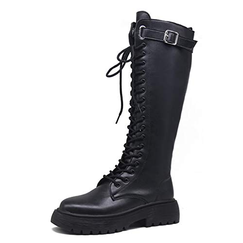 Botas Cordones para Mujer de tacón bajo Planas Botas Altas con Hebilla Motero Militar de Combate Punk Rock gótico Botas A Media Pierna Botas largas,Negro,39 EU
