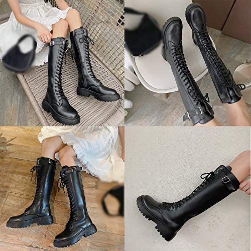 Botas Cordones para Mujer de tacón bajo Planas Botas Altas con Hebilla Motero Militar de Combate Punk Rock gótico Botas A Media Pierna Botas largas,Negro,39 EU