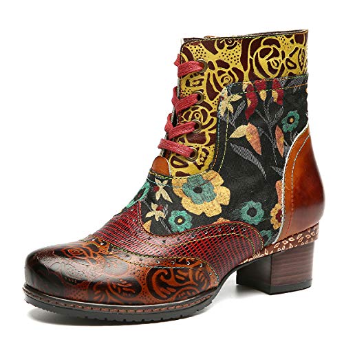 Botas de Cuero Liso,Camfosy Winter City Shoes con Tacones Planos Botas Botas con Cordones y Suela Cómoda para Pies Anchos Diseño Original Bohemian 2018 Marrón Rojo Azul