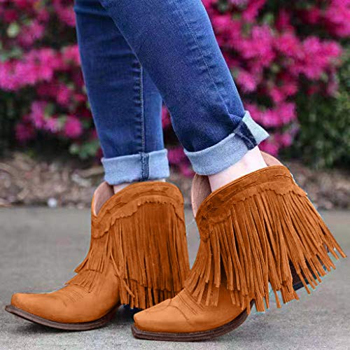 Botas de Gamuza Retro para Mujer,Botas Desnudas con Tacón Bajo y Borlas Botas de Invierno Vintage Botines de Cuero Botas Cómodas de Tacón Plano Cremallera Zapatos de Mujer Marrón Gris 35-43 EU