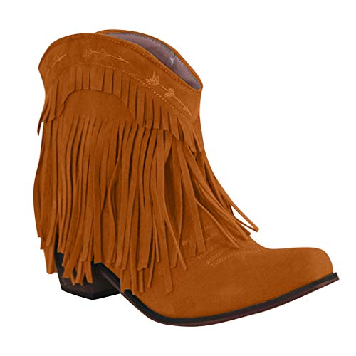 Botas de Gamuza Retro para Mujer,Botas Desnudas con Tacón Bajo y Borlas Botas de Invierno Vintage Botines de Cuero Botas Cómodas de Tacón Plano Cremallera Zapatos de Mujer Marrón Gris 35-43 EU