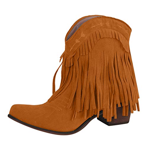 Botas de Gamuza Retro para Mujer,Botas Desnudas con Tacón Bajo y Borlas Botas de Invierno Vintage Botines de Cuero Botas Cómodas de Tacón Plano Cremallera Zapatos de Mujer Marrón Gris 35-43 EU