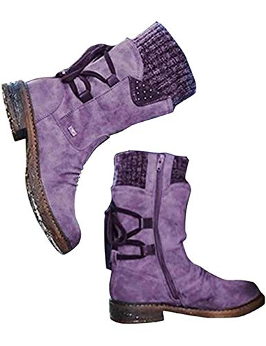 Botas de invierno cálidas con cordones en la parte posterior al aire libre de invierno botas de nieve de piel botines de moda para mujeres y niñas, color Morado, talla 40 EU