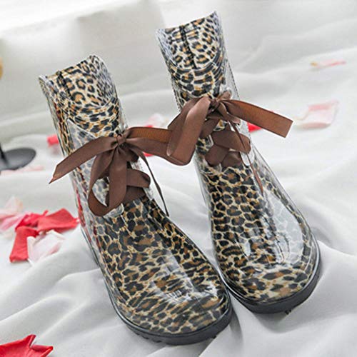 Botas De Lluvia Para Mujer,Otoño E Invierno Impermeable Antideslizante Patinar En El Tobillo Corta Lluvia Botas De Leopardo Hembra Pajarita Tubo Medio Rain Boot Señoras Zapatillas Para El Agua D