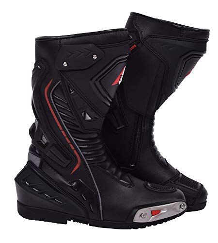 Botas de Moto Hombre, Botas de Cuero Deportivas, Impermeables, de Cuero, Protectores rígidos Integrados estables, con protección de Tobillo, Negro - 44