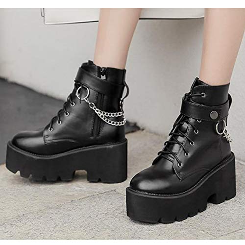 Botas de Motocicleta de Moda para Mujer, Punta Redonda con Cordones, Tacones Altos Cuadrados, Otoño Invierno, Botines de Plataforma Punk con Cadena de Metal