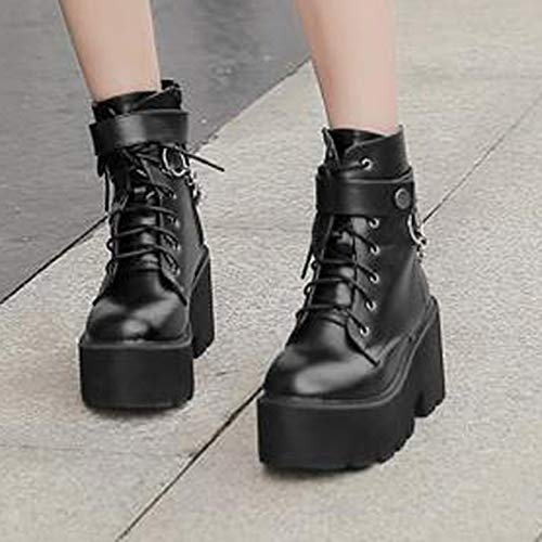 Botas de Motocicleta de Moda para Mujer, Punta Redonda con Cordones, Tacones Altos Cuadrados, Otoño Invierno, Botines de Plataforma Punk con Cadena de Metal