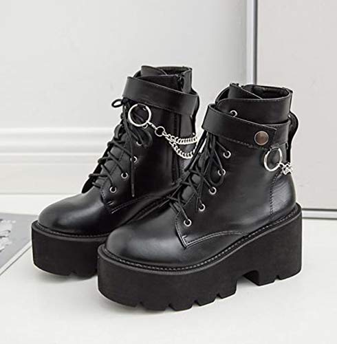 Botas de Motocicleta de Moda para Mujer, Punta Redonda con Cordones, Tacones Altos Cuadrados, Otoño Invierno, Botines de Plataforma Punk con Cadena de Metal