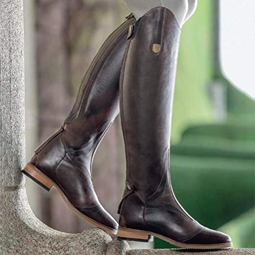 Botas de Motociclista de Mujer Botas de Montar a Caballo de Jinete Alto de Rodilla Otoño Invierno Cremallera de montaña Punta Redonda Bloque de tacón Botas ecuestres Mujer