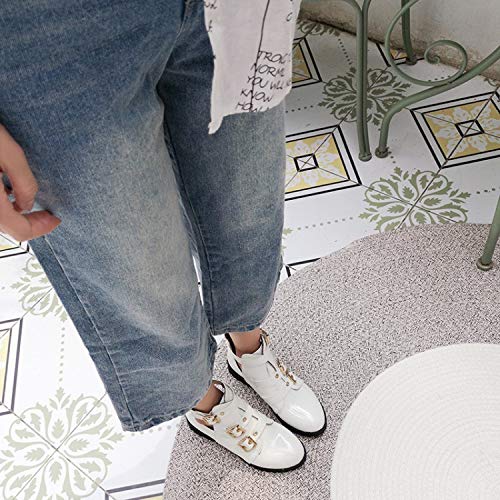 Botas de mujer lacadas de moda para mujer, con hebilla de cinturón de piel de charol con tacón plano, hebilla de cinturón a tono completo, de charol con tacón plano, color Blanco, talla 38 EU