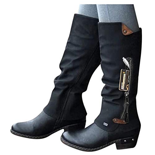 Botas de Mujer Otoño Invierno 2020 Tacon Bajo Zapatos Largas Botas Forrado de Piel Antideslizante Cómodo Cremallera Hebilla
