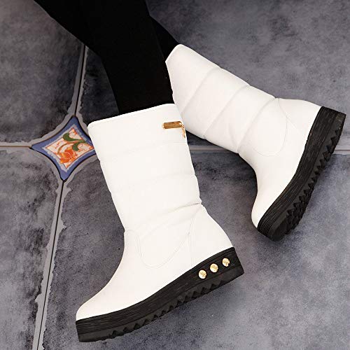 Botas de Nieve Botines Mujer, LANSKIRT Mujeres Cuero Impermeable Sólido Zapatos Planos Invierno Caliente Botas de Nieve Botas de Zapatos Zapatos de Punta Redonda Bota de Tacón Plano