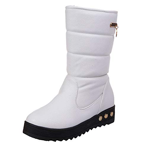 Botas de Nieve Botines Mujer, LANSKIRT Mujeres Cuero Impermeable Sólido Zapatos Planos Invierno Caliente Botas de Nieve Botas de Zapatos Zapatos de Punta Redonda Bota de Tacón Plano