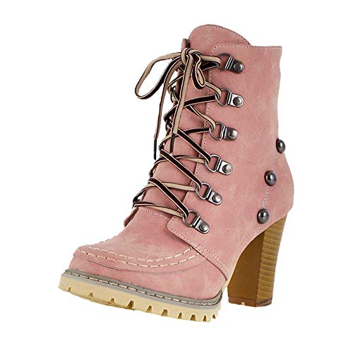 Botas de Tacón Mujer K-Youth Zapatos Mujer Invierno Moda Zapatos Altos Talones Cordones Botas Botas Mujer Invierno Altas Tacon 2019 (Rosa, 38 EU)