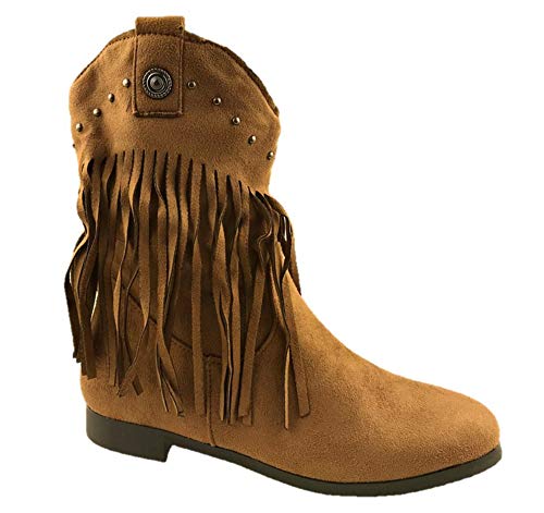 Botas de tobillo con flecos de gamuza sintética para mujer, cremallera lateral, tacón plano, detalle de tachuelas, talla 3-8, color Marrón, talla 36 EU