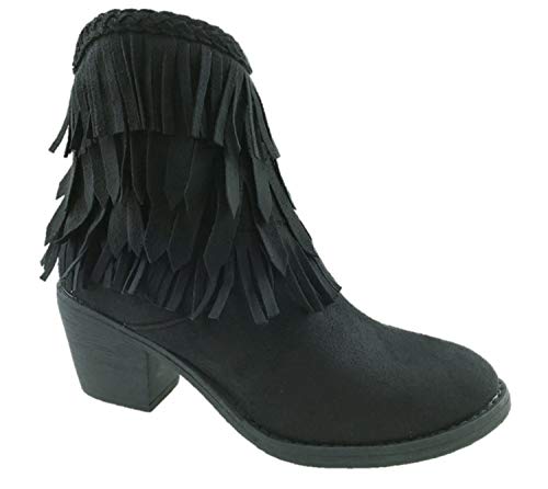 Botas de vaquero de ante sintético con flecos en el tobillo y cremallera lateral, tacón ancho, talla 38 a 42, color Negro, talla 39 EU