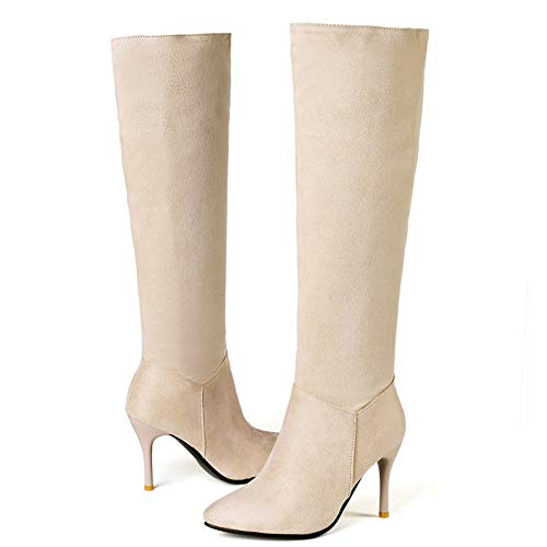 Botas-Elásticas Mujer, Punta Puntiaguda Tacón Aguja Botas Altas hasta Rodilla, Botas Altas Piel Ante Cremallera Lateral,Beige,39