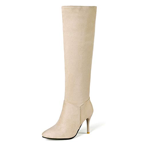 Botas-Elásticas Mujer, Punta Puntiaguda Tacón Aguja Botas Altas hasta Rodilla, Botas Altas Piel Ante Cremallera Lateral,Beige,39
