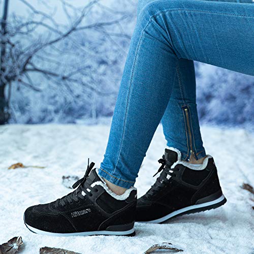 Botas Invierno Mujer Hombre Botines de Nieve Planos Zapatillas Calentitas Trekking Boots Cordones Zapatillas Planas Antideslizante Casuales Calzado Negro Talla 44 EU