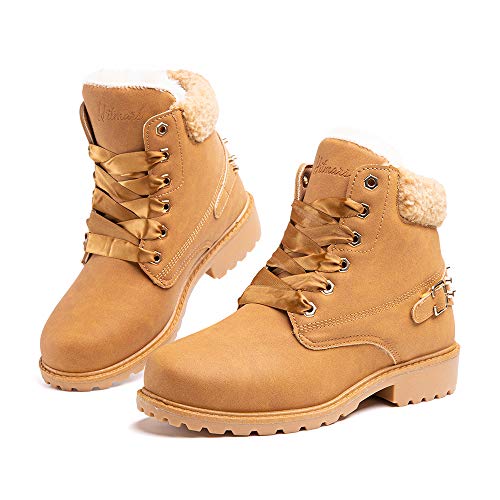 Botas Mujer Invierno Botas de Nieve Cálido Zapatos Botines Forradas Planas Snow Boots Antideslizante Calzado Comodos Cordones Caqui-1 43 EU