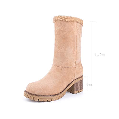 Botas Mujer Invierno Tacon Forrado Calentar Botas Altas Botines Moda Casual Outdoor Zapatos de Nieve Snow Boots 6 cm Caqui 38