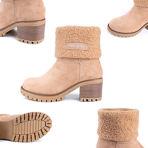 Botas Mujer Invierno Tacon Forrado Calentar Botas Altas Botines Moda Casual Outdoor Zapatos de Nieve Snow Boots 6 cm Caqui 38