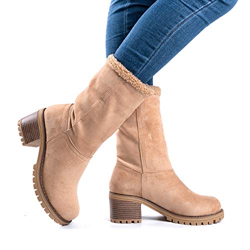 Botas Mujer Invierno Tacon Forrado Calentar Botas Altas Botines Moda Casual Outdoor Zapatos de Nieve Snow Boots 6 cm Caqui 38