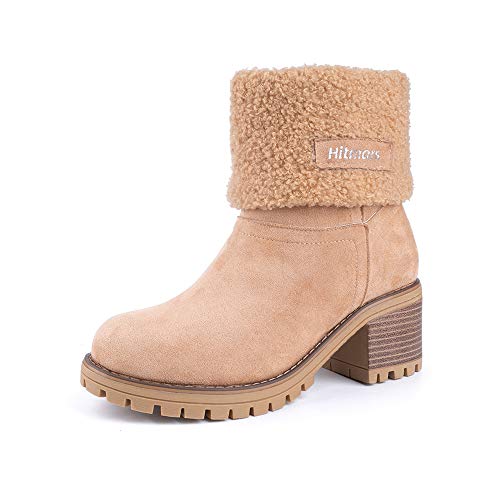 Botas Mujer Invierno Tacon Forrado Calentar Botas Altas Botines Moda Casual Outdoor Zapatos de Nieve Snow Boots 6 cm Caqui 38