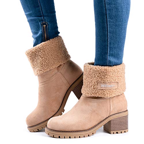 Botas Mujer Invierno Tacon Forrado Calentar Botas Altas Botines Moda Casual Outdoor Zapatos de Nieve Snow Boots 6 cm Caqui 38