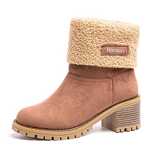 Botas Mujer Invierno Tacon Forrado Calentar Botas Altas Botines Moda Casual Outdoor Zapatos de Nieve Snow Boots 6 cm Negro Marrón Caqui 35-43 Marrón 38