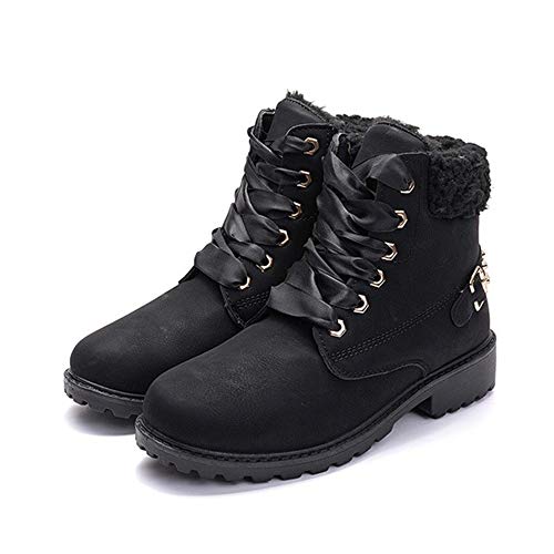 Botas Nieve Mujer Otoño Invierno Calentar Piel Forro Botines Goretex Retro Snow Boots Cordones Zapatillas Planas Negro 40