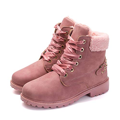 Botas Nieve Mujer Otoño Invierno Calentar Piel Forro Botines Retro Snow Boots Cordones Zapatillas Planas Rosa 41