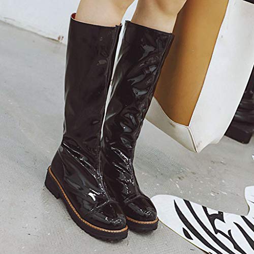 Botas para Mujer Invierno Tacón Ancho Bajo PAOLIAN Botas Mujer Alto Rodilla Fiesta Casual Botas Biker Charol Planas Antideslizante Zapatos Mujer Impermeables Otoño Piel Sintético