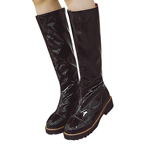 Botas para Mujer Invierno Tacón Ancho Bajo PAOLIAN Botas Mujer Alto Rodilla Fiesta Casual Botas Biker Charol Planas Antideslizante Zapatos Mujer Impermeables Otoño Piel Sintético