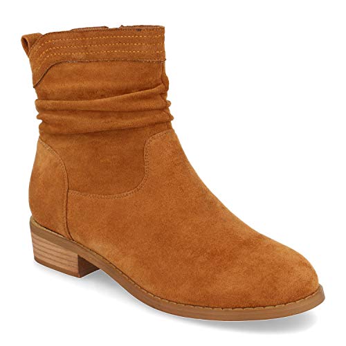 Botin de Mujer, Comodos, con Cana Arrugada, Punta Redonda, y Cierre de Cremallera, Otono Invierno 2020. Talla 39 Camel