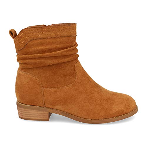 Botin de Mujer, Comodos, con Cana Arrugada, Punta Redonda, y Cierre de Cremallera, Otono Invierno 2020. Talla 39 Camel